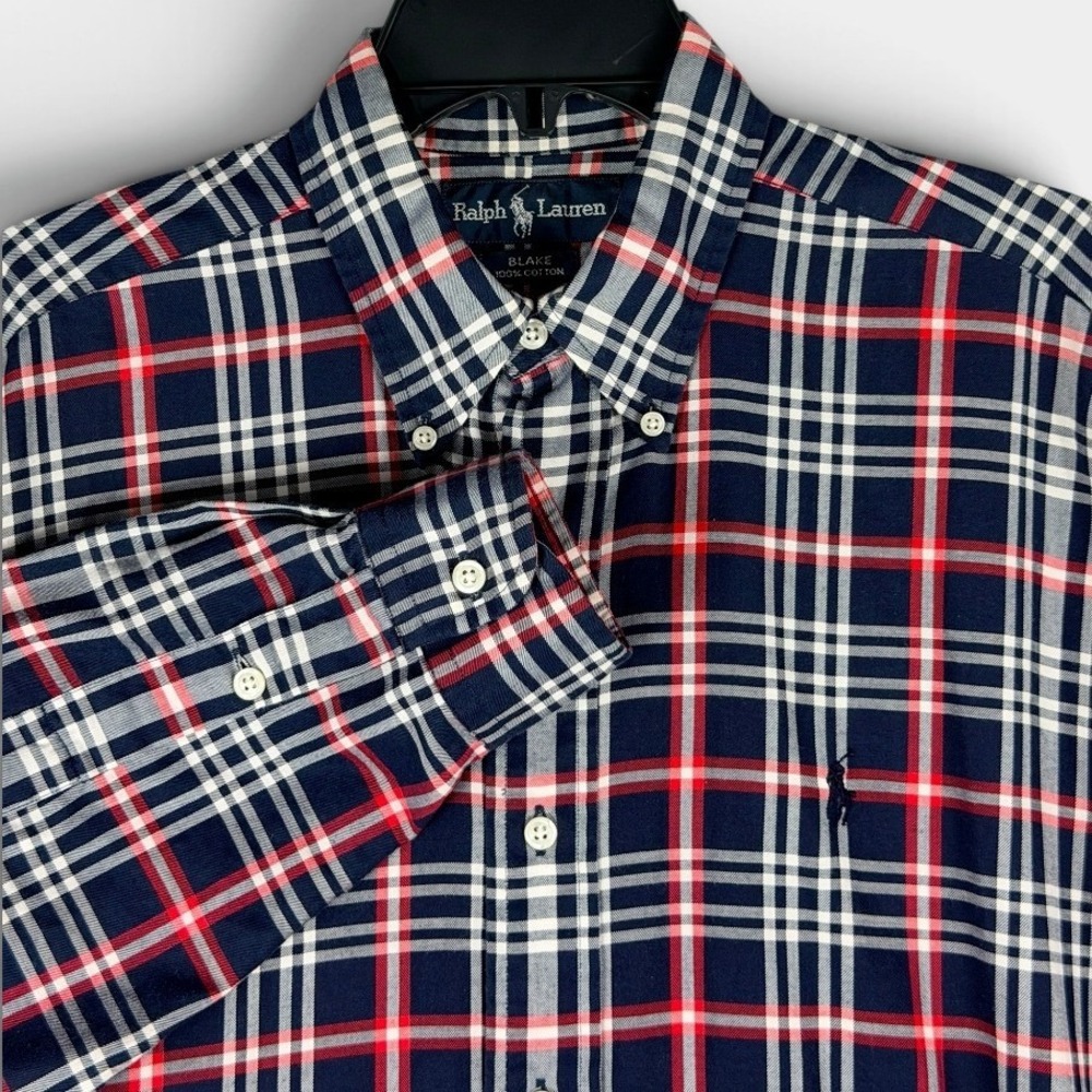 Ralph Lauren Button Down Shirt Blake Mens M Navy Blue Plaid Cotton Excellent